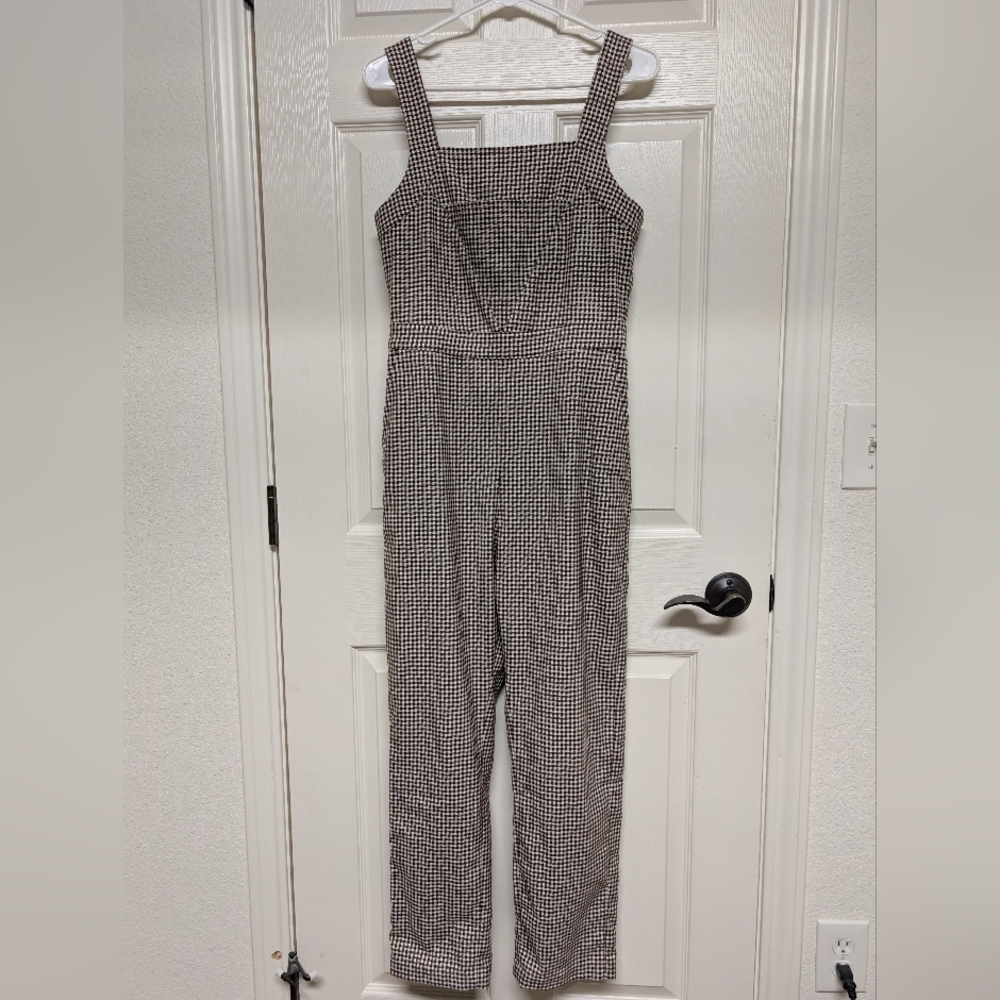 & Other Stories Belted Micro Gingham Houndstooth Overalls Brown S 4 Square Neck - Picture 4 of 14